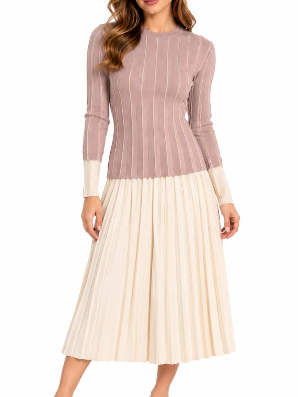 Beige Two-Piece Knit Pleated Skirt & Long Sleeve Top Set Size M
